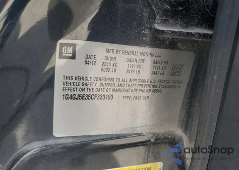 2012 Buick Lacrosse Touring z USA, uszkodzony, nr VIN 1G4GJ5E35CF323193